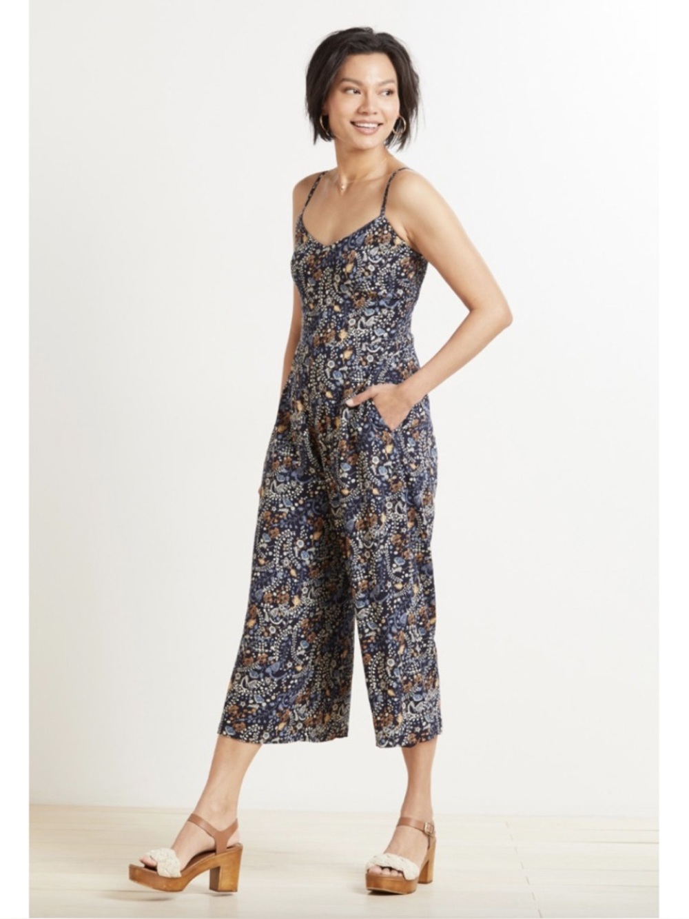 Floral Navy Wide-Leg Jumpsuit with Spaghetti Straps